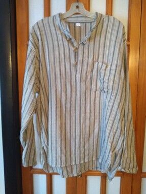 Men's 100% Cotton Beige And Black Striped  Shirt With Toggle Buttons, Sz X-LARGE